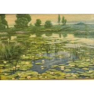 Antique Framed Chromolithograph "Quiet Pond" by Wilhelm Schacht